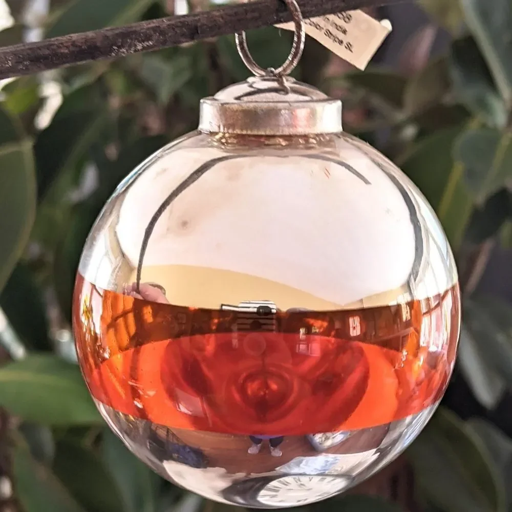 Crate&Barrel Orange And Silver Round Glass Christmas Ornament